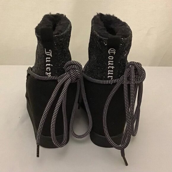 Juicy Couture 8.5 Women’s Glitter Suede Wedge Ankle Boots Black Faux Fur Lined - Picture 5 of 11